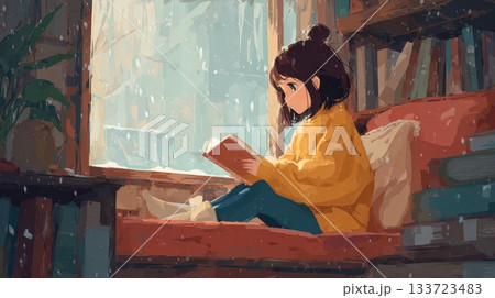 Cozy Winter Reading Scene in an Anime Style Cozy Winter Reading Scene in an Anime Style 133723483