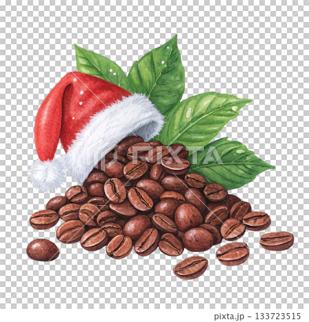 coffee beans with green leaves wearing a Santa hat coffee beans with green leaves wearing a Santa hat 133723515