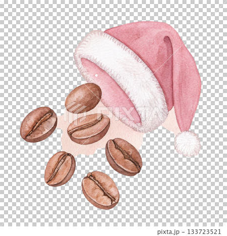 coffee beans with green leaves wearing a Santa hat 133723521