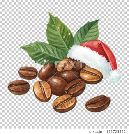 coffee beans with green leaves wearing a Santa hat 133723522
