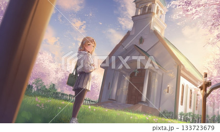 Serene Anime Girl by a Charming in Spring Blossoms 133723679