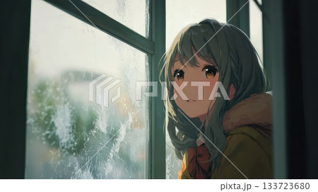Thoughtful Anime Girl Gazing Out a Rainy Window 133723680