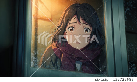 Emotional Anime Character Gazing Through a Frosted Window Emotional Anime Character Gazing Through a Frosted Window 133723683