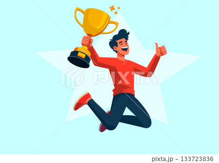 Illustration Excited Man Jumping and Holding Trophy 133723836