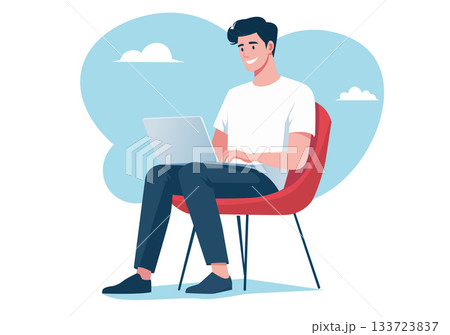Illustration Young Man Working Remotely on Laptop 133723837