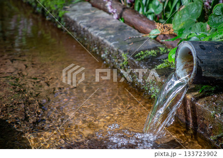 山の湧き水が流れ出る竹筒の筧：埼玉県日高市・日和田山付近の清流 133723902