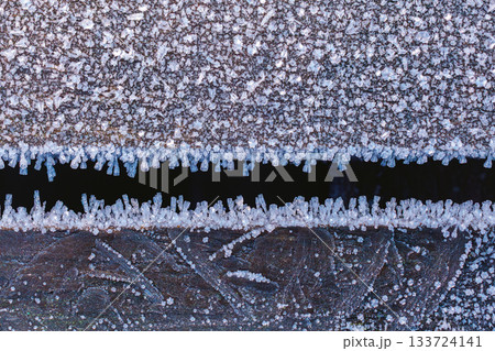 Frost Ice Crystals Formed on the wood in Nature. Abstract nature Frost Ice Crystals Formed on the wood in Nature. Abstract nature 133724141