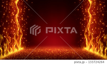 金色の火花が舞う炎の華やかな背景素材 華やかで熱い演出向けデザイン 133724264