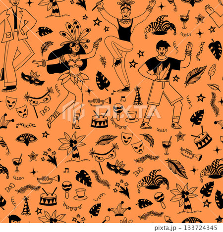 Carnival Dancers Celebration Seamless Pattern. Happy people in Masquerade Costumes with Feathers, Masks, festive elements on Orange Background. Hand-Drawn Doodle. Vector Illustration. Not AI Carnival Dancers Celebration Seamless Pattern. Happy people in Masquerade Costumes with Feathers, Masks, festive elements on Orange Background. Hand-Drawn Doodle. Vector Illustration. Not AI 133724345
