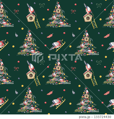 Watercolor Christmas birds and decorated trees seamless pattern on dark green 133724430