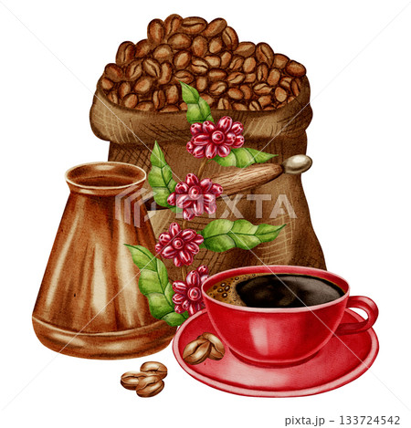 Hand-painted Watercolor illustration coffee cezve. Illustrations for coffee shops, cafes, packaging, menus, and product design. 133724542