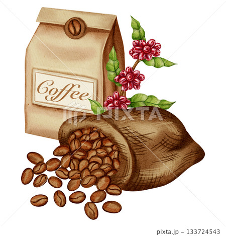 Watercolor illustration of a jute bag with roasted coffee beans and a kraft bag containing coffee and a coffee pot. Illustrations for coffee shops, cafes, packaging, menus, and product design. 133724543