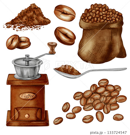 Watercolor coffee set with grinder, cezve, cup, beans and ground coffee. Hand-drawn elements ideal for cafes, coffee shops, packaging, menus and branding materials. Watercolor coffee set with grinder, cezve, cup, beans and ground coffee. Hand-drawn elements ideal for cafes, coffee shops, packaging, menus and branding materials. 133724547