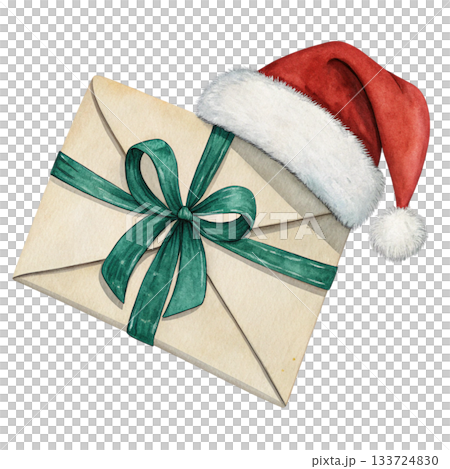 watercolor illustration of a gift envelope wearing a Santa hat 133724830