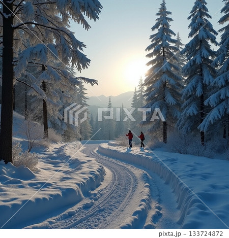 Skiers glide through a winter wonderland in golden sunlight Generative AI 133724872