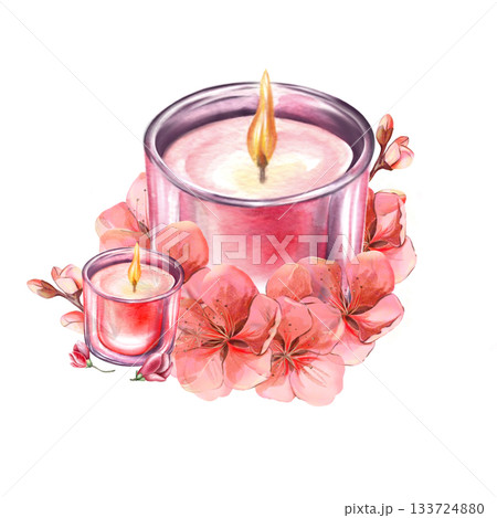 Watercolor candle in a glass with pink camellia flowers Pink light with rose scent Spa and beauty products isolated on a white background Realistic illustration for a beauty salon and wellness center. Watercolor candle in a glass with pink camellia flowers Pink light with rose scent Spa and beauty products isolated on a white background Realistic illustration for a beauty salon and wellness center. 133724880