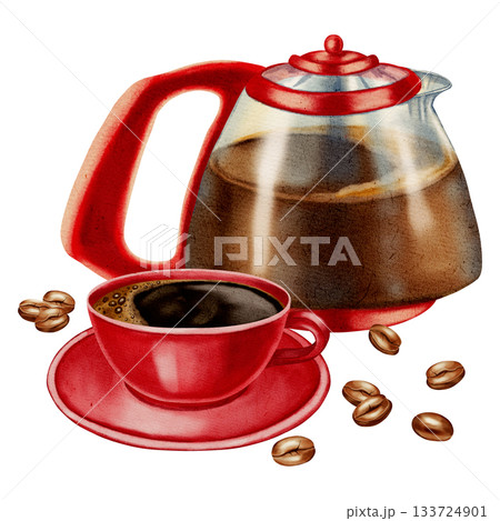 Watercolor illustration of a coffee cup with coffee beans and a red coffee pot. Illustrations for coffee shops, cafes, packaging, menus, and product design. 133724901