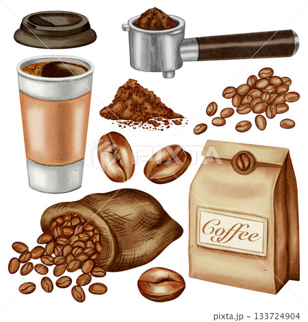 Watercolor illustration set with coffee elements beans, ground coffee, portafilter, coffee branch, and paper bag. Paper cup of coffee to go. Illustrations for coffee shops, cafes, packaging, menus. Watercolor illustration set with coffee elements beans, ground coffee, portafilter, coffee branch, and paper bag. Paper cup of coffee to go. Illustrations for coffee shops, cafes, packaging, menus. 133724904