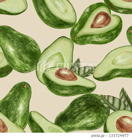 Seamless watercolor pattern featuring hand-drawn avocados, whole and cut, with leaves and pits. Perfect for stores, shops, packaging, menus, branding, textiles, wrapping paper, and organic food design Seamless watercolor pattern featuring hand-drawn avocados, whole and cut, with leaves and pits. Perfect for stores, shops, packaging, menus, branding, textiles, wrapping paper, and organic food design 133724977