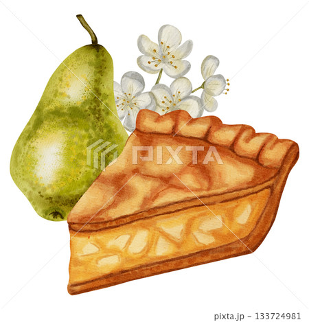 Hand painted watercolor illustration of a single slice of warm, golden brown fruit pie with a flaky crust and visible filling. Ideal for bakeries, menu, labels, and food packaging 133724981