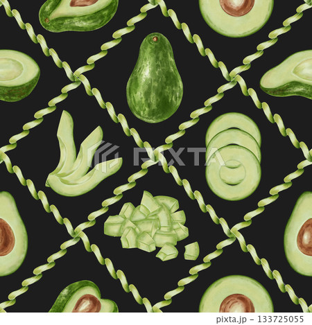 A seamless watercolor pattern featuring hand-drawn avocados in various variations: whole, halved, and sliced. Perfect for retail, packaging, menus, branding, textiles, wrapping paper, and cookbooks. 133725055