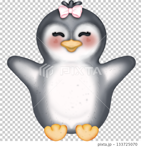 Cute hand drawn penguins collection in winter clothing and hat, kids cartoon set. Penguin animal winter, illustration  holiday character.  133725070