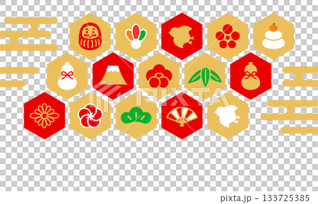 A gorgeous Japanese-style background material (New Year's greetings) that combines a haze pattern and hexagonal icons of New Year's image 133725385
