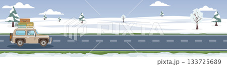 Landscape banner background of traveling car snow covered asphalt road. Rolling hills are covered with thick snow and sparsely planted trees. Under soft sky and white clouds. Roads in snow or winter. Landscape banner background of traveling car snow covered asphalt road. Rolling hills are covered with thick snow and sparsely planted trees. Under soft sky and white clouds. Roads in snow or winter. 133725689