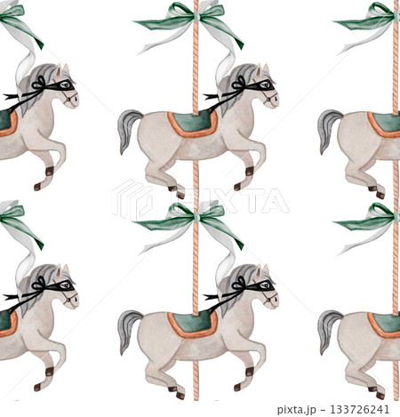 Watercolor carousel horse seamless pattern. Vintage hand-drawn animal with an elegant bow. Perfect for baby shower and birthday cards and printing on fabrics Watercolor carousel horse seamless pattern. Vintage hand-drawn animal with an elegant bow. Perfect for baby shower and birthday cards and printing on fabrics 133726241