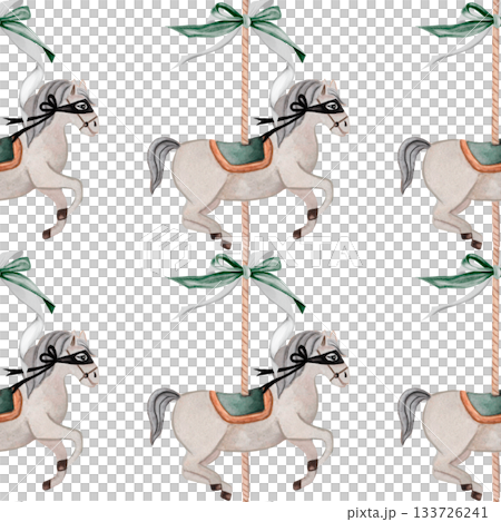 Watercolor carousel horse seamless pattern. Vintage hand-drawn animal with an elegant bow. Perfect for baby shower and birthday cards and printing on fabrics Watercolor carousel horse seamless pattern. Vintage hand-drawn animal with an elegant bow. Perfect for baby shower and birthday cards and printing on fabrics 133726241