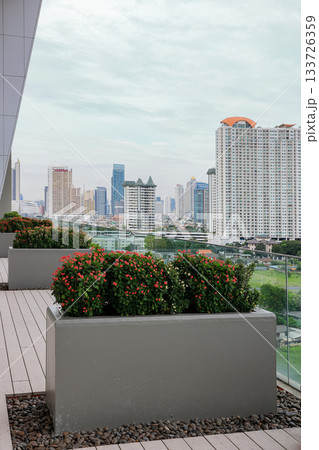 Mini garden path outside the apartment building. Eco friendly urban environment. Sustainable and ecological architecture. Mini garden path outside the apartment building. Eco friendly urban environment. Sustainable and ecological architecture. 133726359