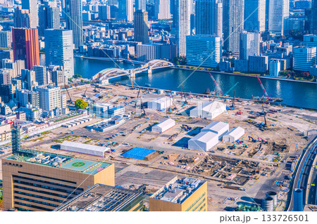 日本の東京都市景観 新時代へ。築地市場跡地などを望む。再開発へ…＝14日 133726501