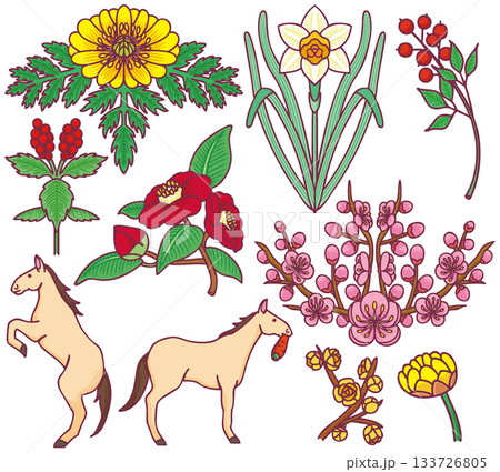 正月素材　年賀状　1月の花　植物　縁起物 133726805