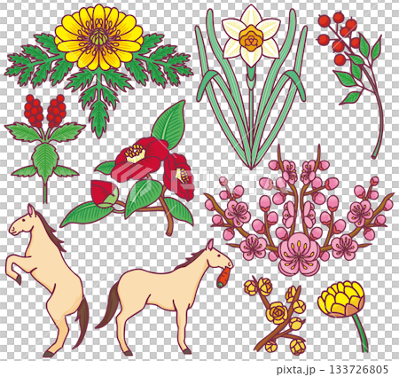 正月素材　年賀状　1月の花　植物　縁起物 133726805