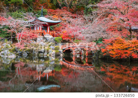 Bridge and Daigo-ji Pavilion pagoda and skyline reflect on pond in fall, Kyoto Bridge and Daigo-ji Pavilion pagoda and skyline reflect on pond in fall, Kyoto 133726850