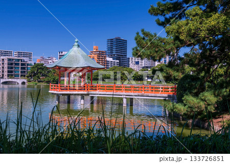 red pavilion from Ohori lake park with Fukuoka urban city view, Japan 133726851
