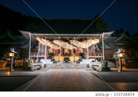 Miyajidake Shrine with big rope light up at night, Fukuoka, Japan 133726854