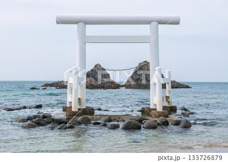 torii gate by couple stones over sea at Sakurai Futamigaura, Itoshima 133726879