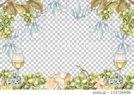 Wine, green grapes, cheese plate and Greek ornament watercolor banner template. Italian and Greek drink, fresh summer fruits and vine clipart with blue floral pattern for menu,poster,card design 133726996