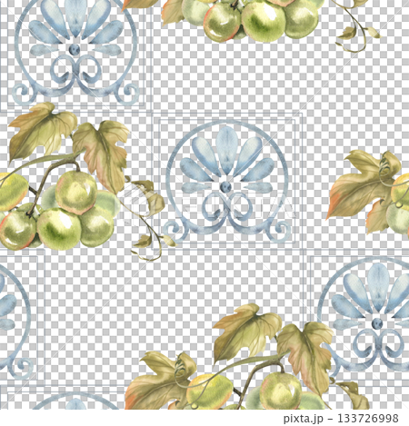 Floral blue tile ornament with fresh green grapes bunch watercolor seamless pattern. Hand drawn summer fresh fruits background, Sicilian motif for italian cuisine menu, wallpaper design Floral blue tile ornament with fresh green grapes bunch watercolor seamless pattern. Hand drawn summer fresh fruits background, Sicilian motif for italian cuisine menu, wallpaper design 133726998