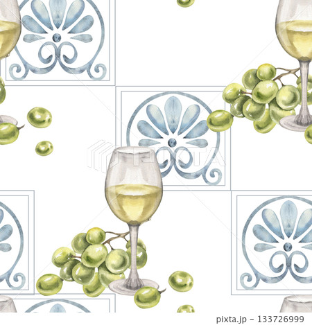 White wine glass, green grapes fruit decorated with Portuguese blue floral tile azulejo watercolor seamless pattern. Geometric blue ancient background with Italian drink and fruits for textile design 133726999