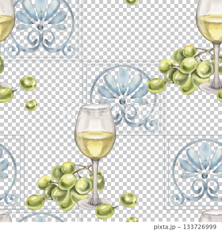 White wine glass, green grapes fruit decorated with Portuguese blue floral tile azulejo watercolor seamless pattern. Geometric blue ancient background with Italian drink and fruits for textile design 133726999
