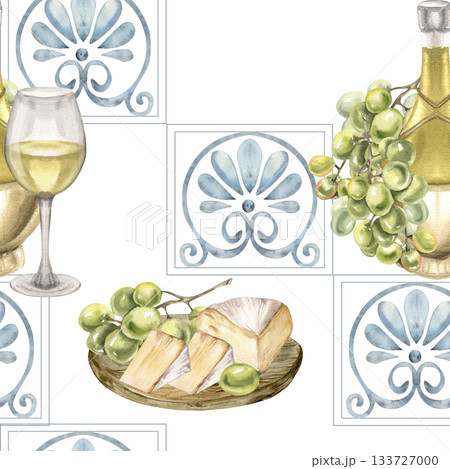 Sicilian blue tile, cheese plate on wooden plate, white wine glass and bottle watercolor seamless pattern. Portuguese azulejo background with Italian drink and fruits for kitchen textile,fabric design 133727000