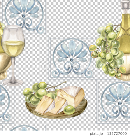 Sicilian blue tile, cheese plate on wooden plate, white wine glass and bottle watercolor seamless pattern. Portuguese azulejo background with Italian drink and fruits for kitchen textile,fabric design 133727000