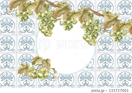 Blue Sicilian tile banner template with blue floral ornament and green grapes vine watercolor illustration. Hand drawn Amalfi frame with summer fresh fruits for seasonal menu,poster design 133727001