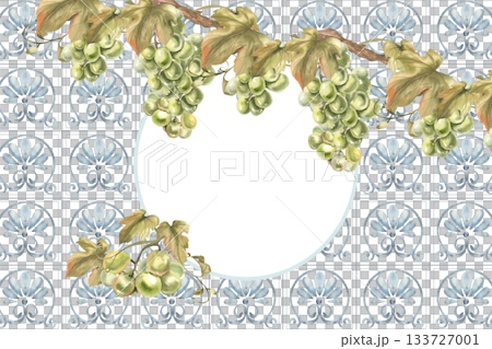Blue Sicilian tile banner template with blue floral ornament and green grapes vine watercolor illustration. Hand drawn Amalfi frame with summer fresh fruits for seasonal menu,poster design 133727001
