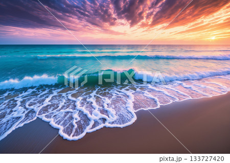 A bright, colorful, and color saturated landscape of seashore, foaming waves on sand, and surf as abstract nature for summer and relaxation 133727420