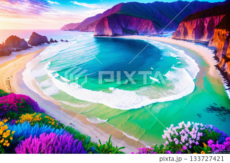 A bright, colorful, and color saturated landscape of lagoon, rocky seashore, foaming waves on sand, and surf as abstract nature for summer and relaxation 133727421