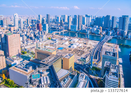 日本の東京都市景観 新時代へ。築地市場跡地などを望む。再開発へ…＝14日 133727614