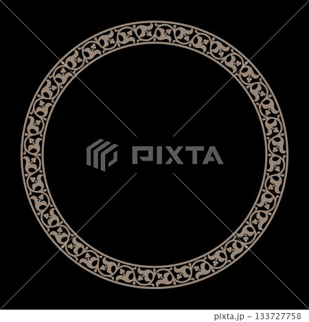 Vector round frame with arabesques and floral elements. Round, border, Ancient Greece, Eastern Roman Empire frame. Decoration of the Russian Orthodox Church. For laser, plate, engraving Vector round frame with arabesques and floral elements. Round, border, Ancient Greece, Eastern Roman Empire frame. Decoration of the Russian Orthodox Church. For laser, plate, engraving 133727758